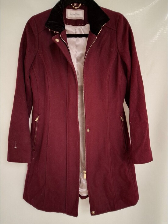 Calvin Klein Jackets & Blazers - Calvin Klein Burgundy Wool Blend Women's Coat with Velvet Collar, Size XS